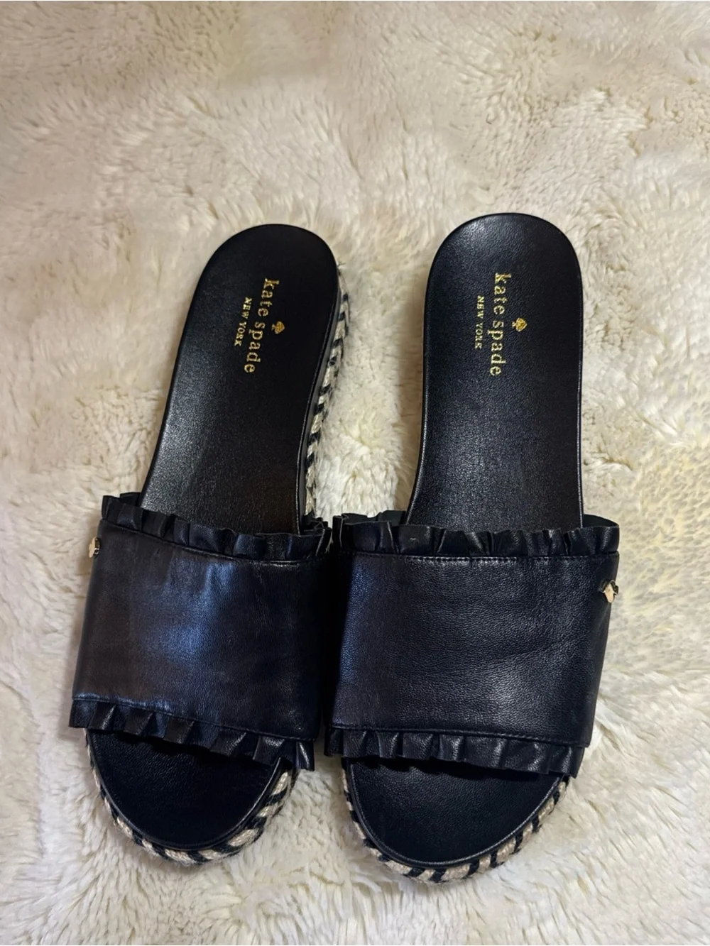 kate spade Black Leather Ruffle Espadrille Slide Sandals